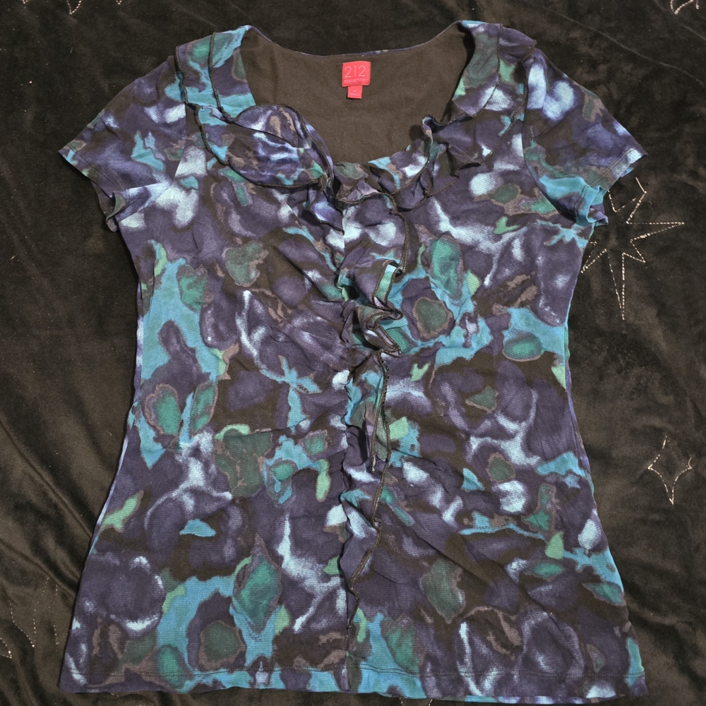 212 Collection Blue Teal Ruffled Short Sleeve Blouse
